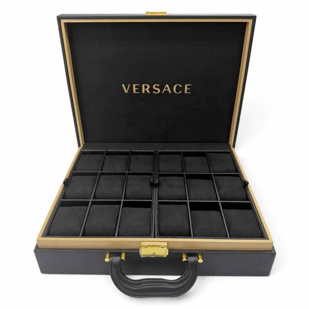 VERSACE Leather and Wood Medusa Watch Bag/Watch Case/Attache Case, Black with...